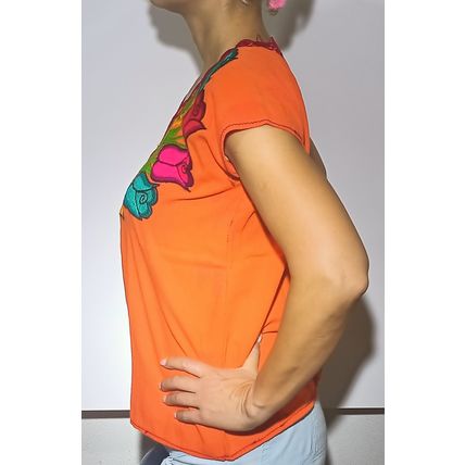Multicolor Roses Bouquet Embroidered Cotton Canvas Orange Blouse Chiapas Mexico