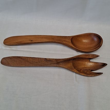 Wood SALAD SPOON & FORK Set Wooden Utensils Tong Server