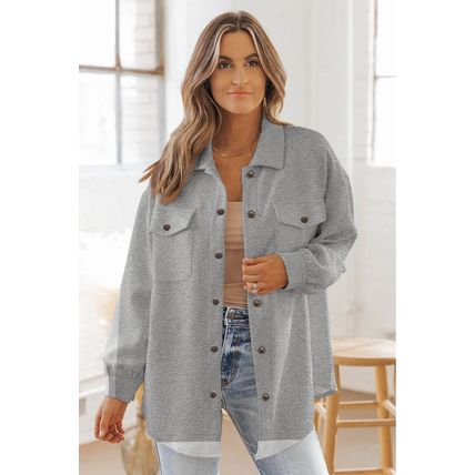 Gray Solid Textured Flap Pocket Buttoned Shacket