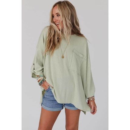 Green Ribbed Roll-tab Sleeve Chest Pocket Oversize Top