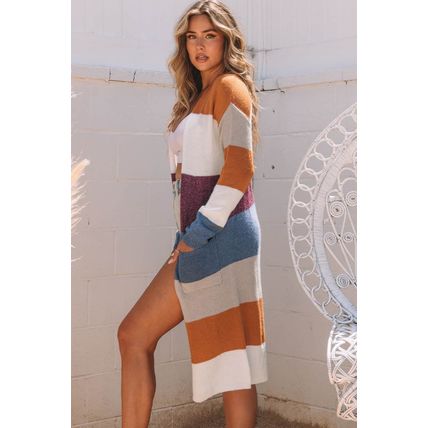 Multicolor Colorblock Open Front Long Knit Cardigan