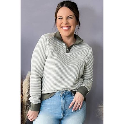 Green Striped Contrasting Trim Plus Size Henley Pullover