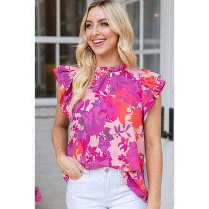 Rose Floral Flutter Sleeves Frilled Neck Blouse