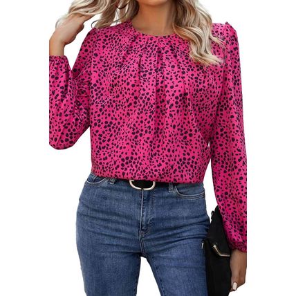 Rose Leopard Print Pleated Blouse with Keyhole