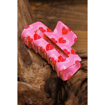 Pink Double Heart Printed Valentines Fashion Hair Claw