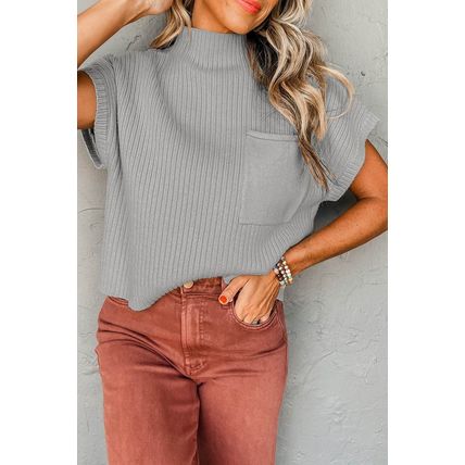 Gray Patch Pocket Ribbed Knit Short Sleeve Sweater