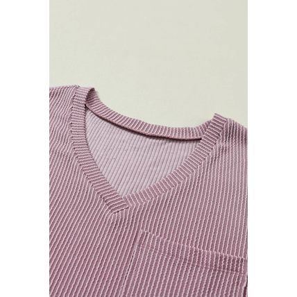 Valerian Corded V Neck Chest Pocket Loose T-shirt