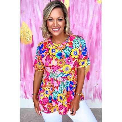 Rose Floral Print Short Sleeve Pleated Babydoll Top
