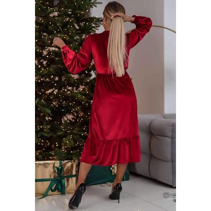 Racing Red Velvet Buttoned Puff Sleeve V Neck Split Midi Dress