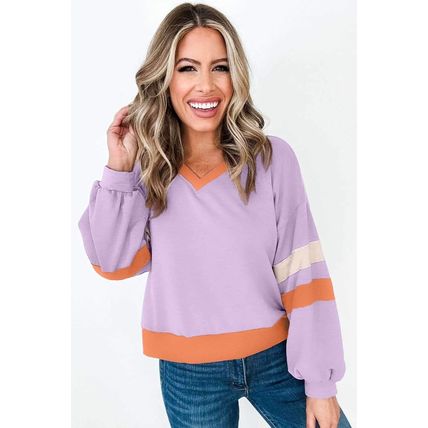 Orchid Bouquet Contrast Rib Knit Patchwork Drop Shoulder V Neck Sweatshirt