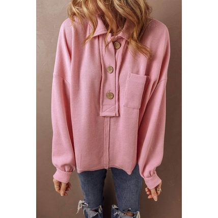 Pink Ribbed Knit Collared Henley Top with Chest Pocket