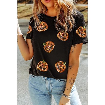 Black Sequin Pumpkin Face Halloween T Shirt