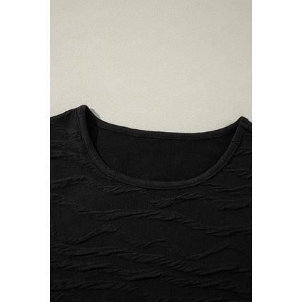 Black Solid Wavy Textured Slim Fit Long Sleeve T Shirt