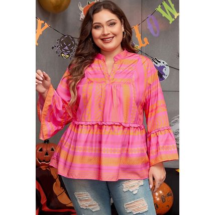 Vitality Orange Plus Size Geometric Embroidered Bell Sleeve Babydoll Blouse