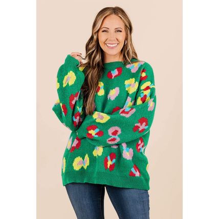 Green Plus Size Floral Knitted Ribbed Edge Drop Shoulder Sweater