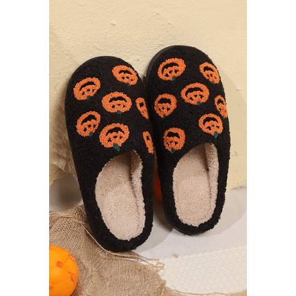 Black Halloween Pumpkin Plush Home Slippers