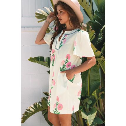Apricot Floral Short Sleeve Split Neck Loose Mini Dress