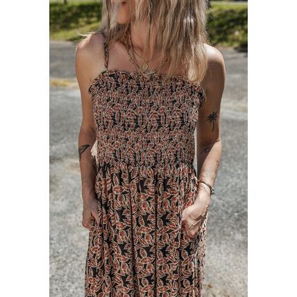 Brown Floral Smocked Bodice High Waist Flowy Sun Dress