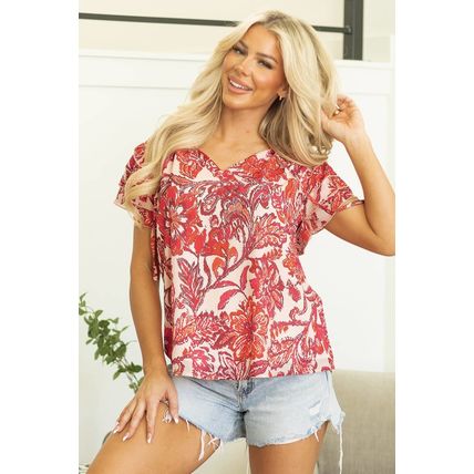 Red Vintage Floral Ruffle Sleeve V Neck Blouse