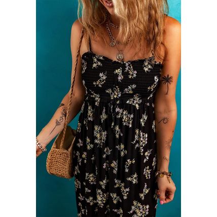 Black Floral Spaghetti Strap Shirred Bodice Tied Empire Waist Maxi Dress
