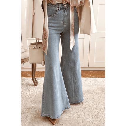 Beau Blue High Waist Button Zip Fly Bell Bottom Jeans