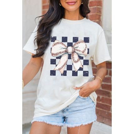 White Checkered Rugby Bowknot Graphic Crew T Shirt
