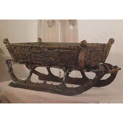 Carved Antique Snow Sleigh Wagon Norway Norwegian Photo Postcard