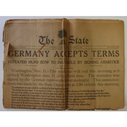 WORLD WAR 1 ENDS The State NOVEMBER 11 , 1918 NEWSPAPER