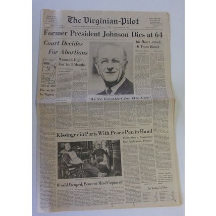 PRESIDENT JOHNSON DIES at 64 .. The Virginian Pilot newspaper January 23 ,1973