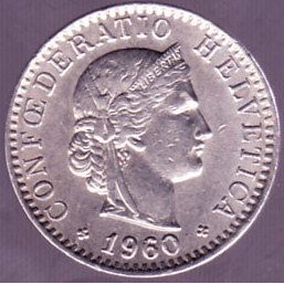 1960 B Switzerland 20 Rappen Coin
