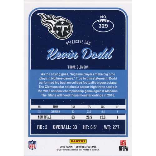 2016 Donruss Football 329 Kevin Dodd RC Tennessee Titans