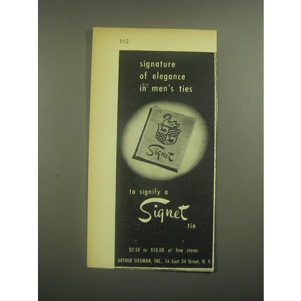 1945 Signet Tie Ad - Signature of elegance in men's ties