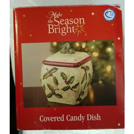"Make The Season Bright" Ceramic Christmas Covered Candy Dish - NIB! Fast Ship!