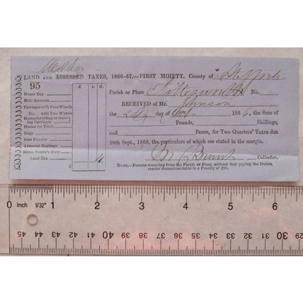 1866 receipt land tax Tittesworth, Staffordshire, Johnson