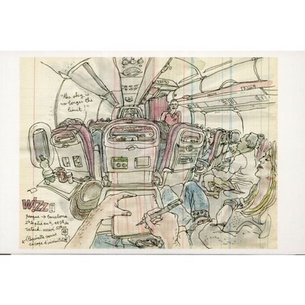 Prague To Barcelona Plane Aircraft Passenger Seats Food Painting Postcard