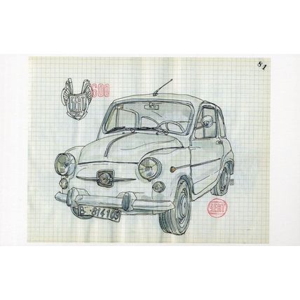 Seat Spanish Fiat Car 600 Spain Barcelona Sketch Painting Postcard