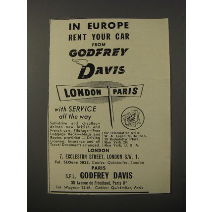 1953 Godfrey Davis Ad - In Europe rent your car from Godfrey Davis
