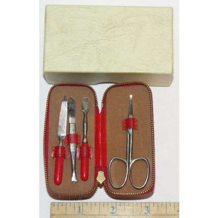 Vintage 1950s West Germany Red Zippered Manicure Travel Kit Case