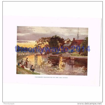 University Boathouses on the Cam - Sunset, Cambridge, England, Book Illustration