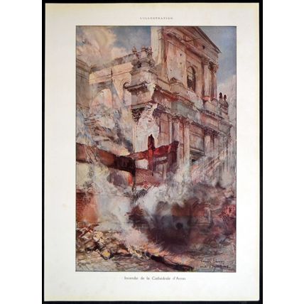 ARRAS CATHEDRAL FIRE 1915 François Flameng FRANCE WORLD WAR I PRINT