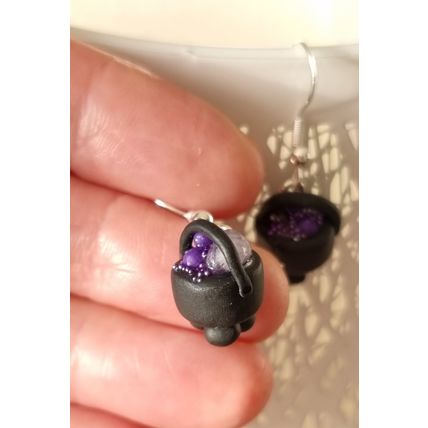 Amethyst cauldron earrings handmade polymer clay spell potion jewellery