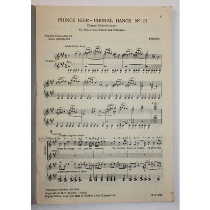 Vocal Score by A. P. BORODIN Prince Igor Choral Dance No 17, Boosey & Hawkes 52p