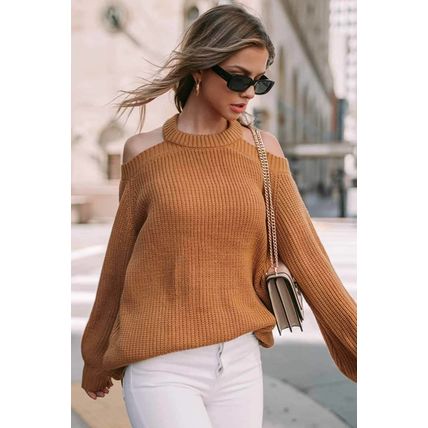 Brown Crew Neck Cold Shoulder Hollow-out Back Sweater