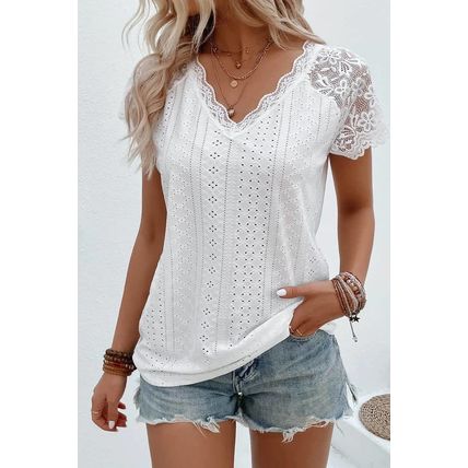White Sheer Lace Short Sleeves Eyelet Embroidered Tee