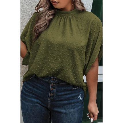 Moss Green Plus Size Swiss Dot Mock Neck Tied Nape Top