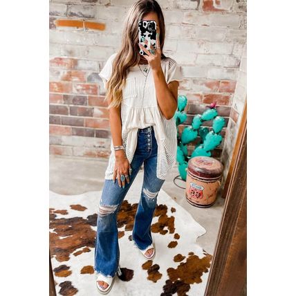 White Hollow Knit Splicing Keyhole Back Tunic Top