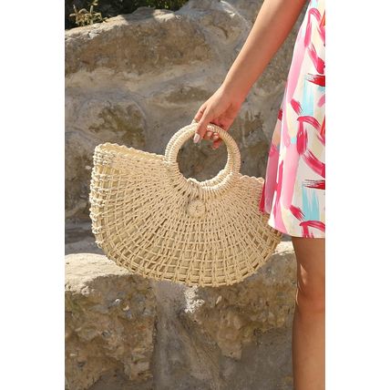 Beige Bamboo Weaving Semicircle Tote Handbag