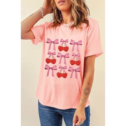 Pink Bow Cherry Print Crew Neck Casual T Shirt