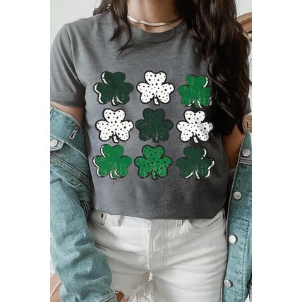 Gray Dotted Clovers Print Round Neck T Shirt