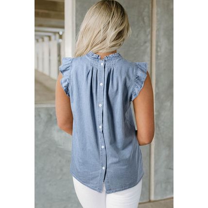 Beau Blue Frilly Pleated Button Back Retro Chambray Top